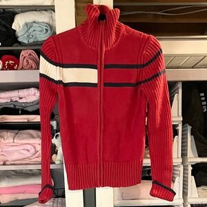 Tommy Hilfiger Red Knit Full Zip Up Sweater With Logo